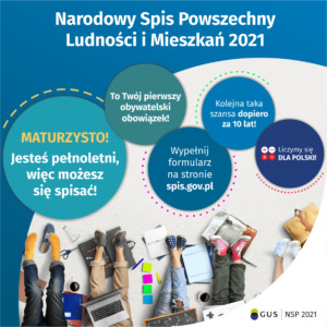 Na górze grafiki jest napis: Narodowy Spis Powszechny Ludności i Mieszkań 2021. Poniżej widać pięć kół, na których umieszczone są napisy: Maturzysto, jesteś pełnoletni, więc możesz się spisać! To Twój pierwszy obywatelski obowiązek! Wypełnij formularz na stronie spis.gov.pl. Kolejna taka szansa dopiero za dziesięć lat! Na ostatnim kole są cztery małe kółka ze znakami dodawania, odejmowania, mnożenia i dzielenia, obok nich napis: Liczymy się dla Polski! Na dole grafiki widać kilka siedzących młodych osób, wokół których rozłożone są zeszyty, artykuły biurowe, plecaki, laptop. W prawym dolnym rogu jest logotyp spisu: dwa nachodzące na siebie pionowo koła, GUS, pionowa kreska, NSP 2021.